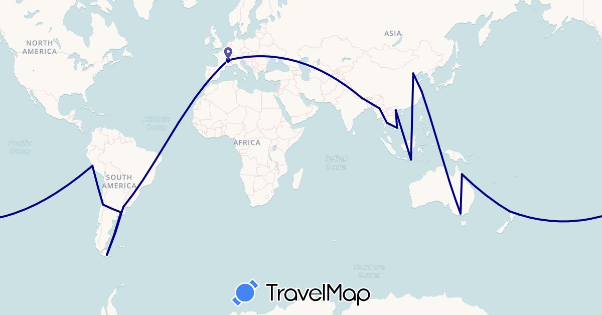 TravelMap itinerary: driving in Argentina, Australia, Chile, China, France, Indonesia, Cambodia, Myanmar (Burma), Nepal, New Zealand, Peru, Thailand, Vietnam (Asia, Europe, Oceania, South America)